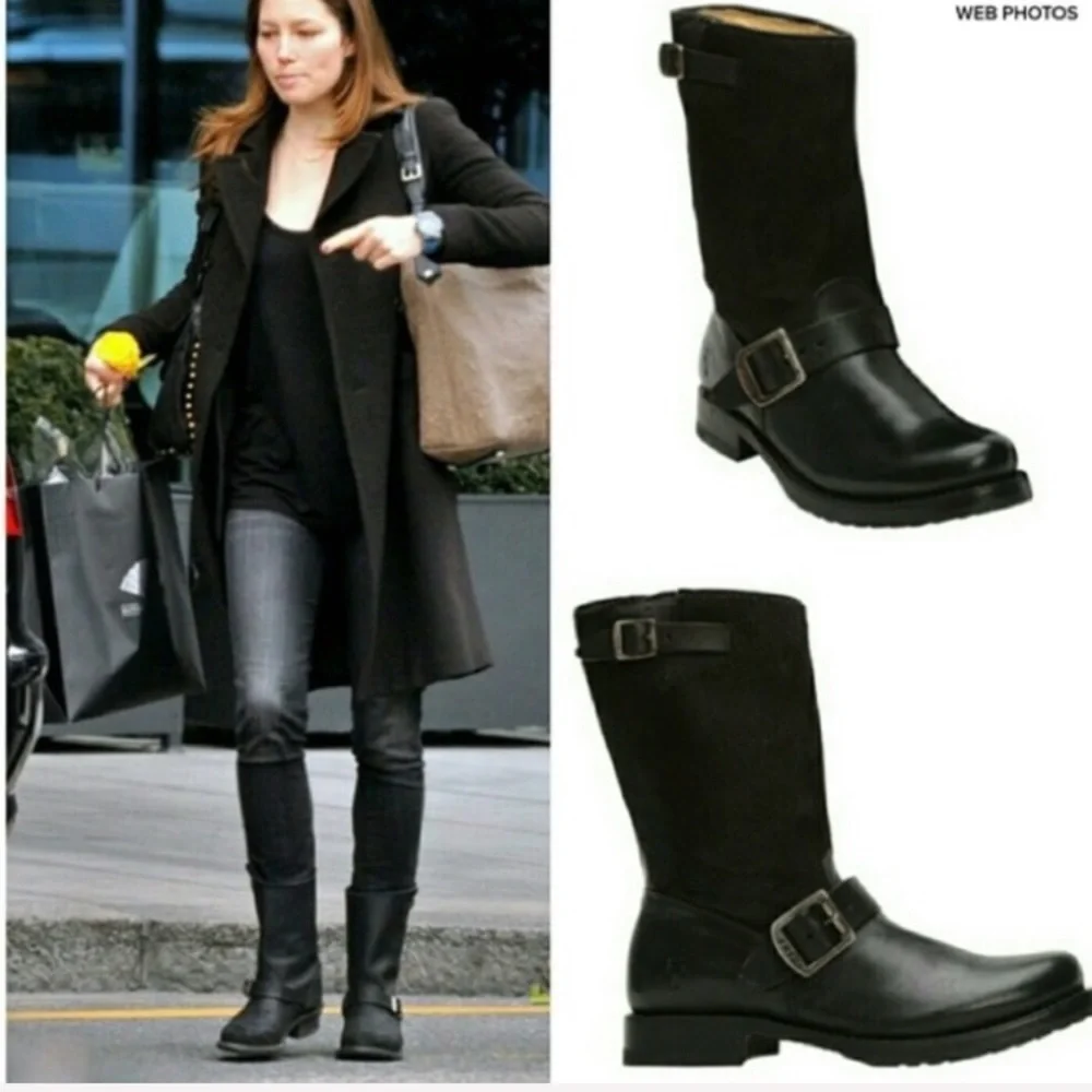 Frye Veronica Short Belted Black Leather Popular Moto Vintage Combat Ankle Boot - Picture 8 of 16
